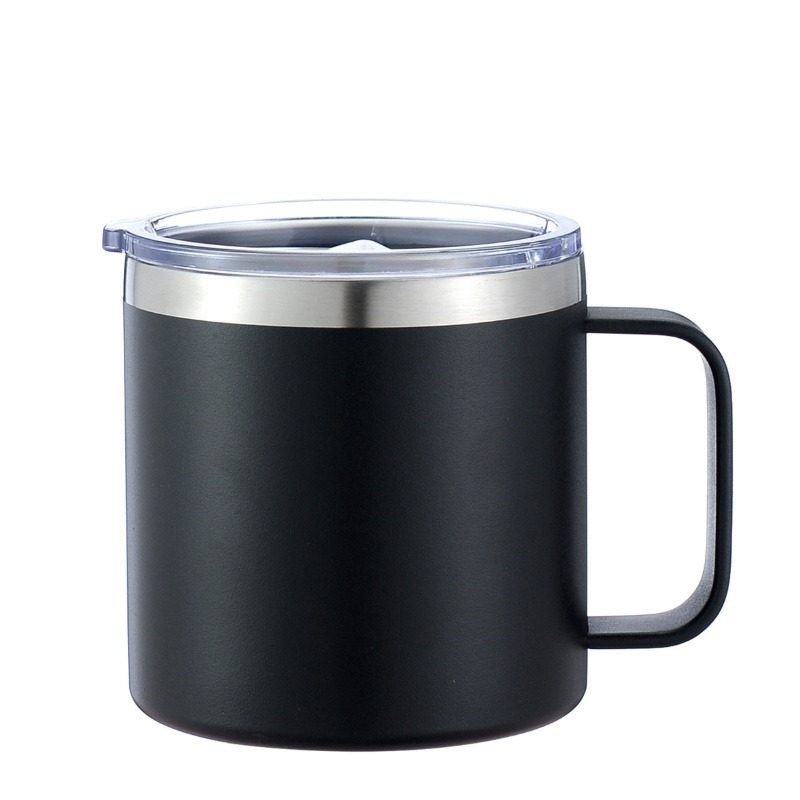 Black 12oz stainless steel insulated coffee mug with transparent lid