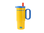 Yellow and blue handled insulated tumbler on a white background