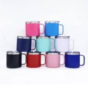 Ten colours of handled insulated coffee mugs arranged on a white background