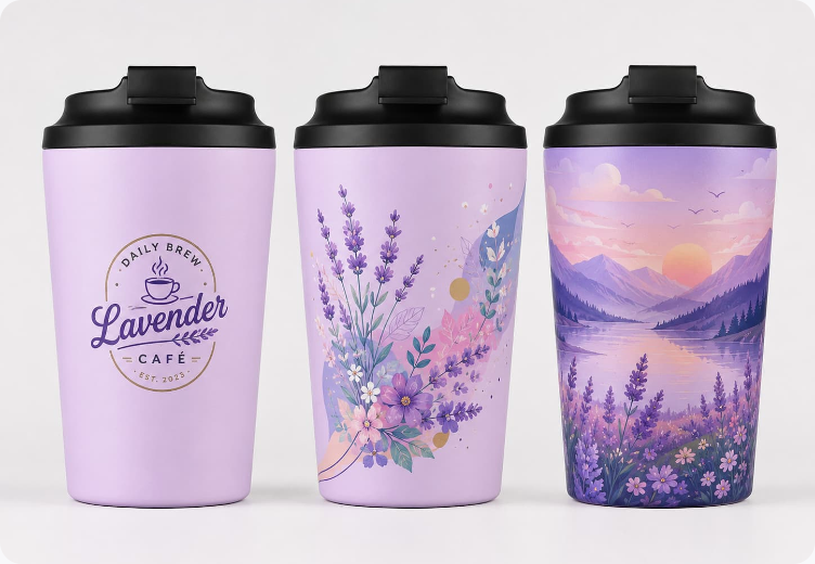 Lavender cafe tumblers with full-color UV printed artwork