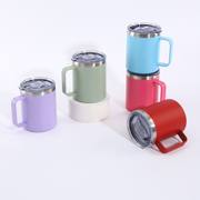 Five handled insulated coffee mugs arranged on display blocks