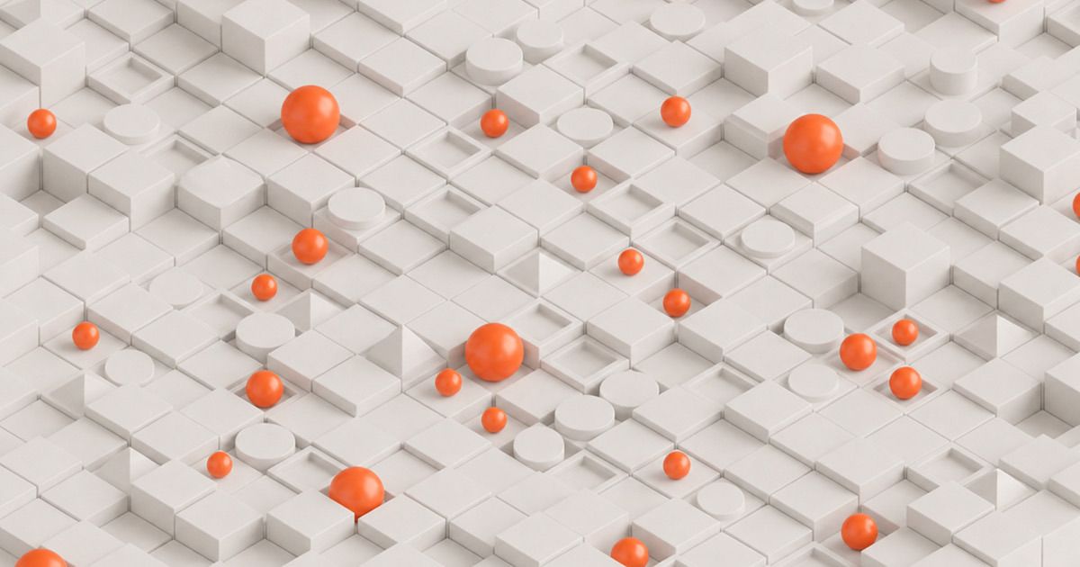 Warranty data analytics: orange spheres standing out as repeat-failure patterns across a grid of white data blocks