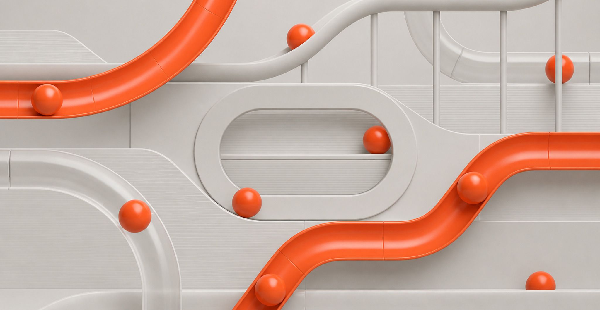 Change impact analysis: orange signal paths flowing one way through a light-grey connected system