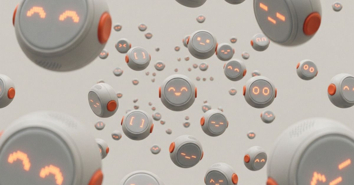 Floating grey and orange robot agents with glowing pixel faces, representing agentic engineering: AI agents that reason and act on connected product data