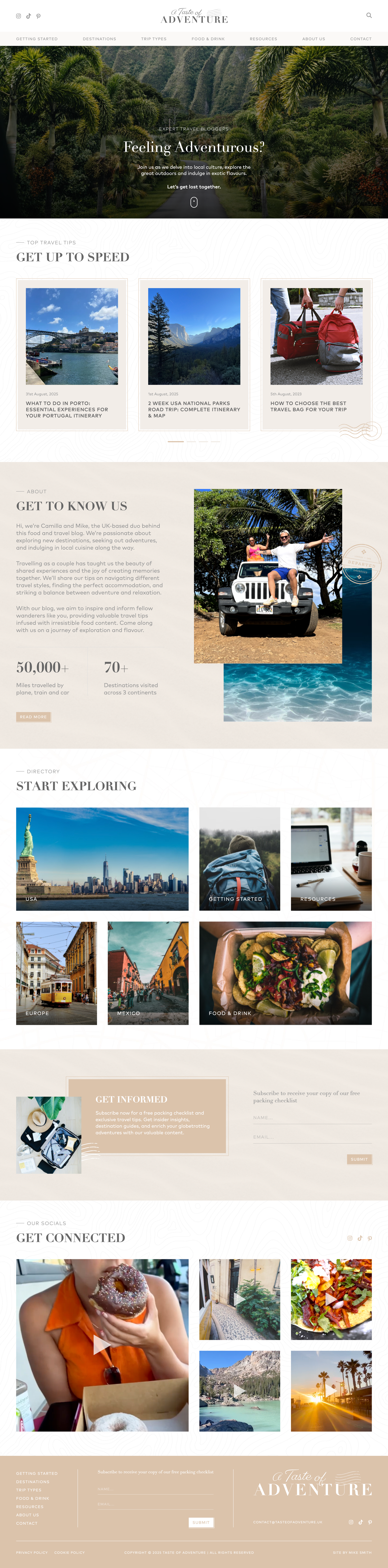 The blog homepage — 'Start exploring' with travel stats and destination photos