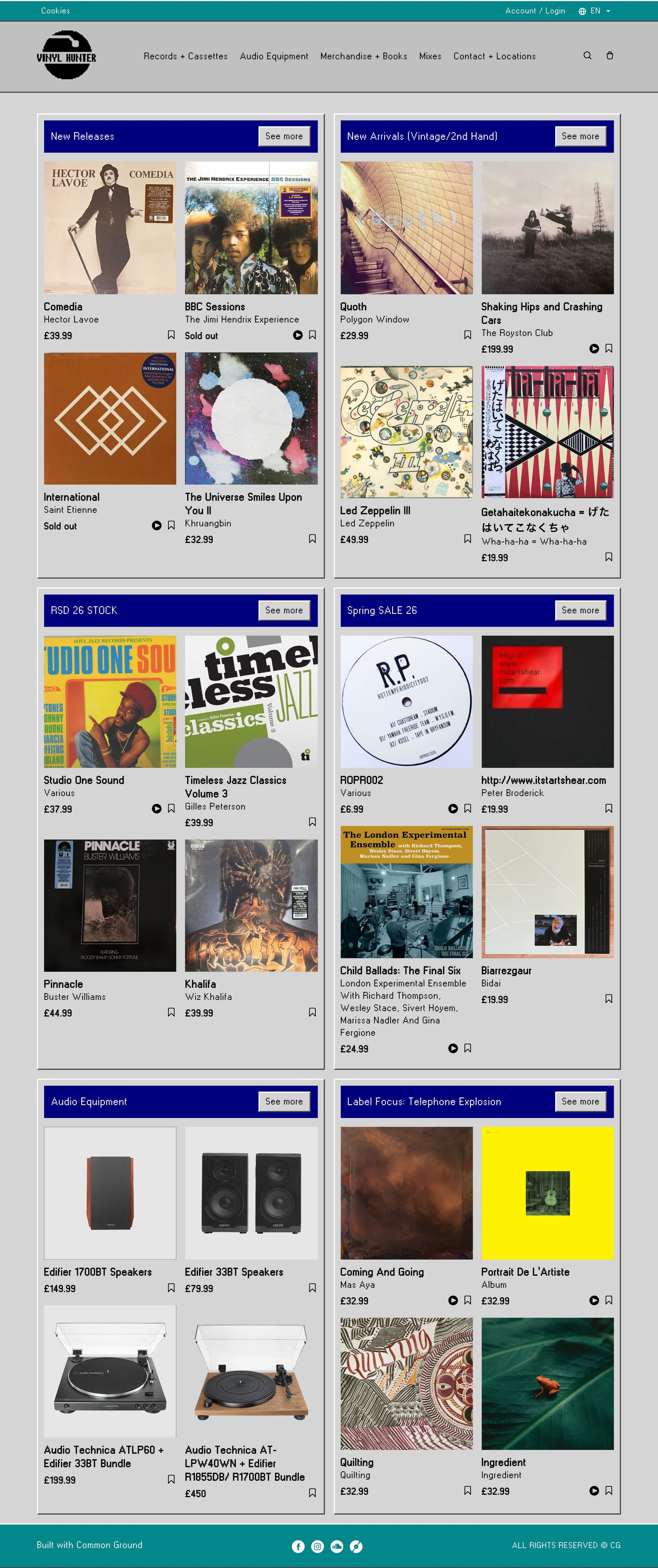 The full Vinyl Hunter homepage with New Releases and New Arrivals panels styled as retro OS windows