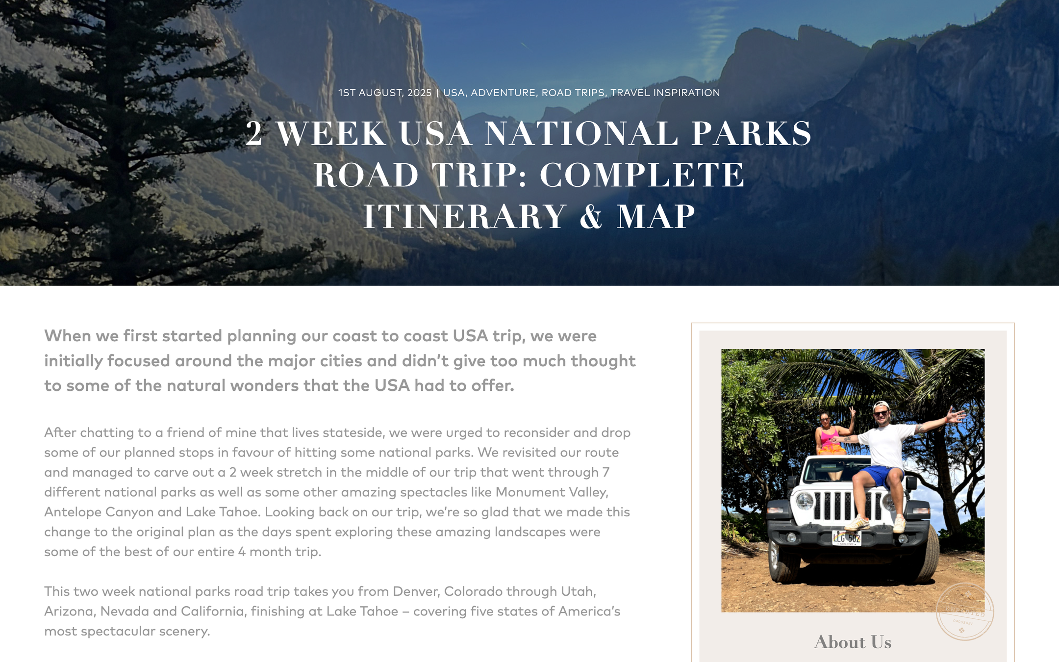 A USA national parks road-trip itinerary article with forest and road photography
