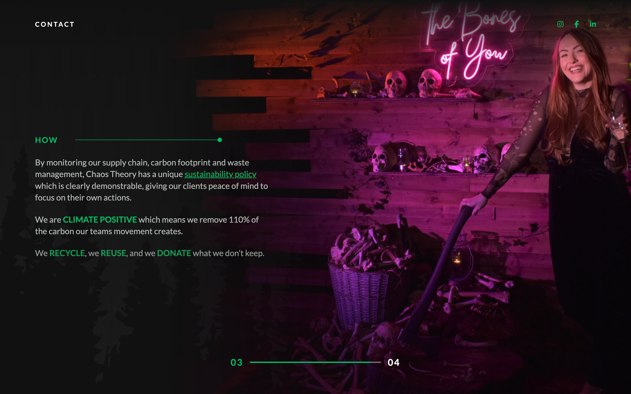 Chaos Theory's sustainability section beside a neon-lit activation