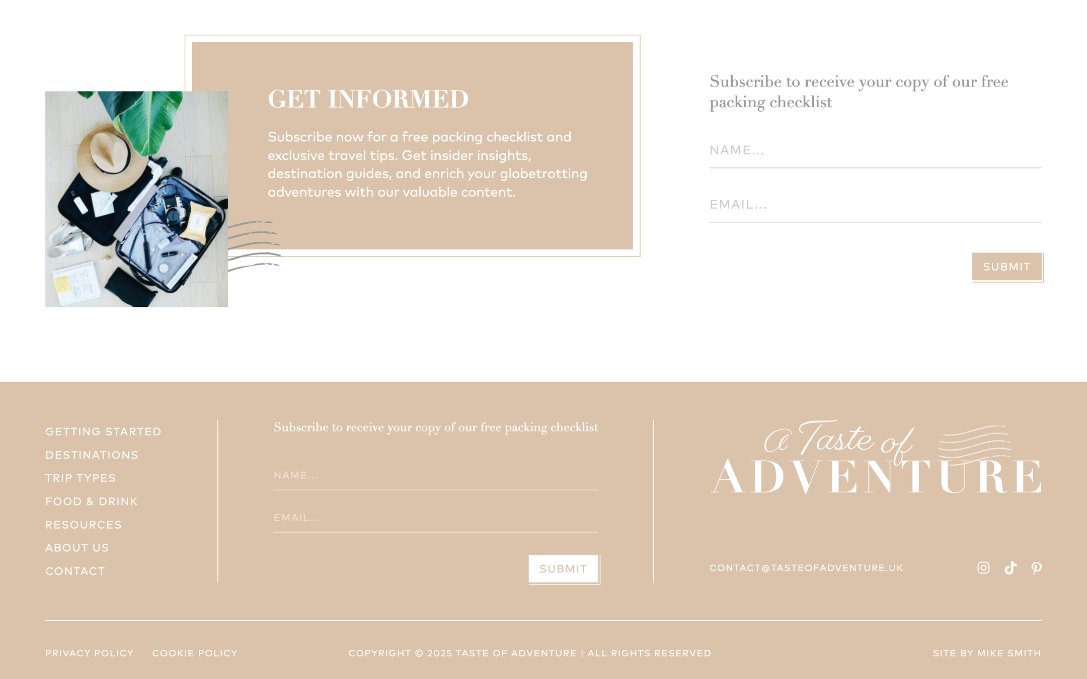 An 'A Taste of Adventure' subscribe section over a cloudy sky