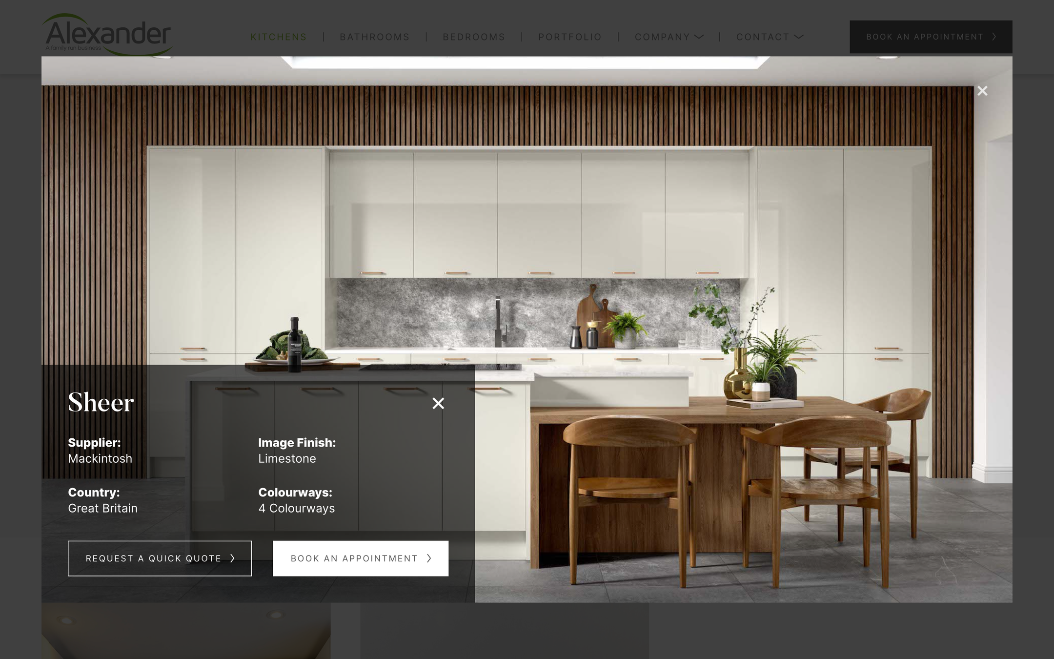 'Need a new kitchen, bathroom or bedroom?' intro beside a sleek dark kitchen with finish options