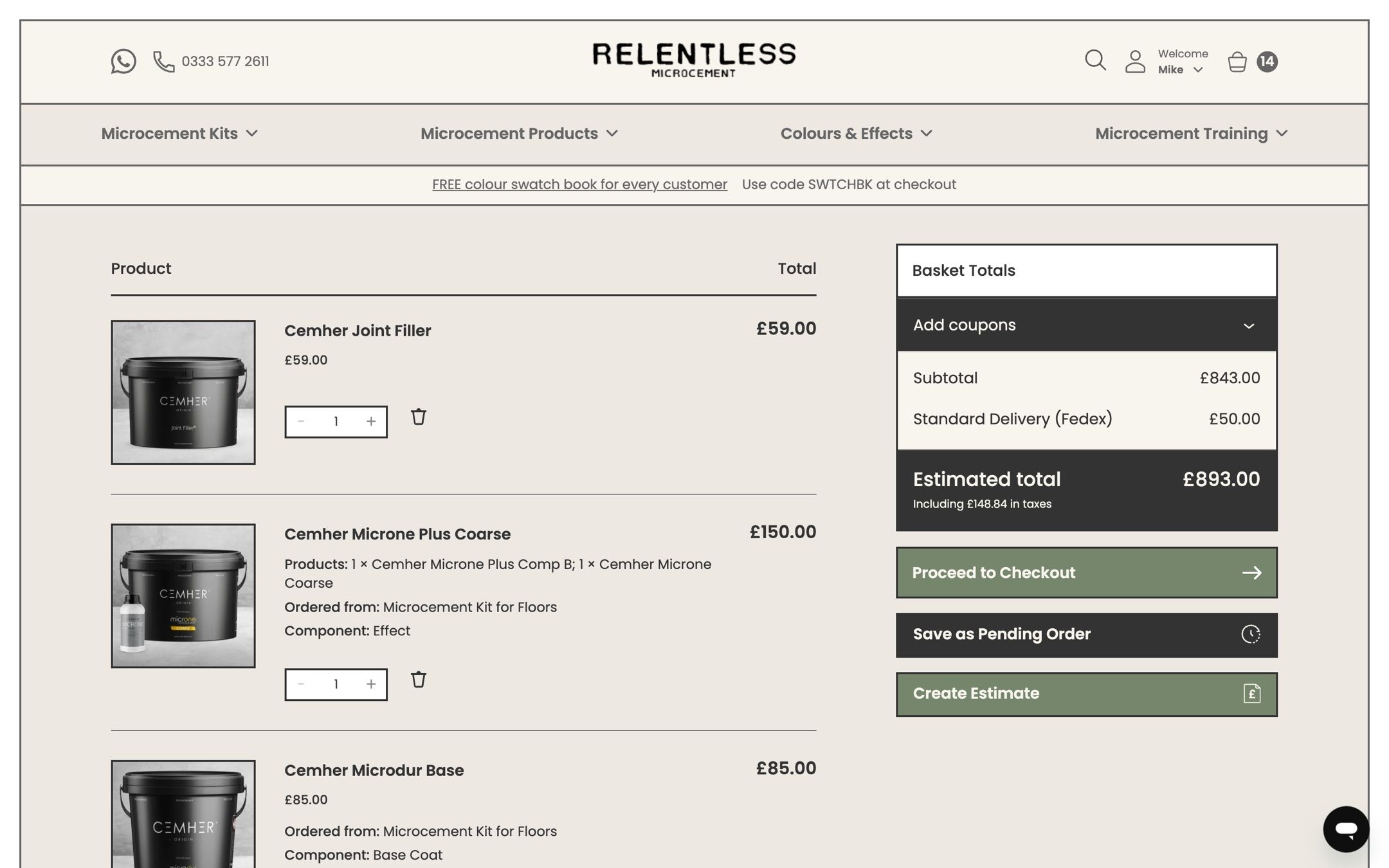 The basket page with an order summary and estimate tools