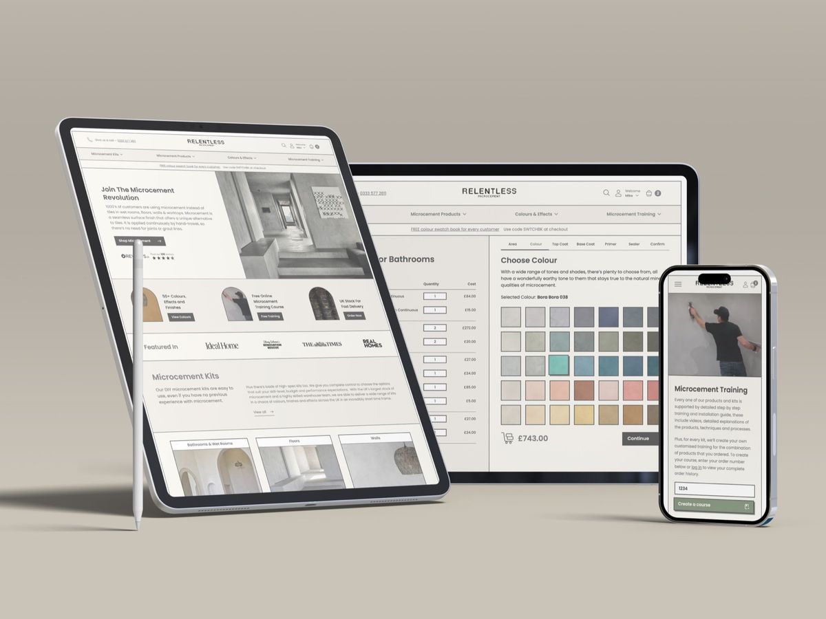 The Relentless Microcement store shown across an iPad, laptop and phone on a beige backdrop