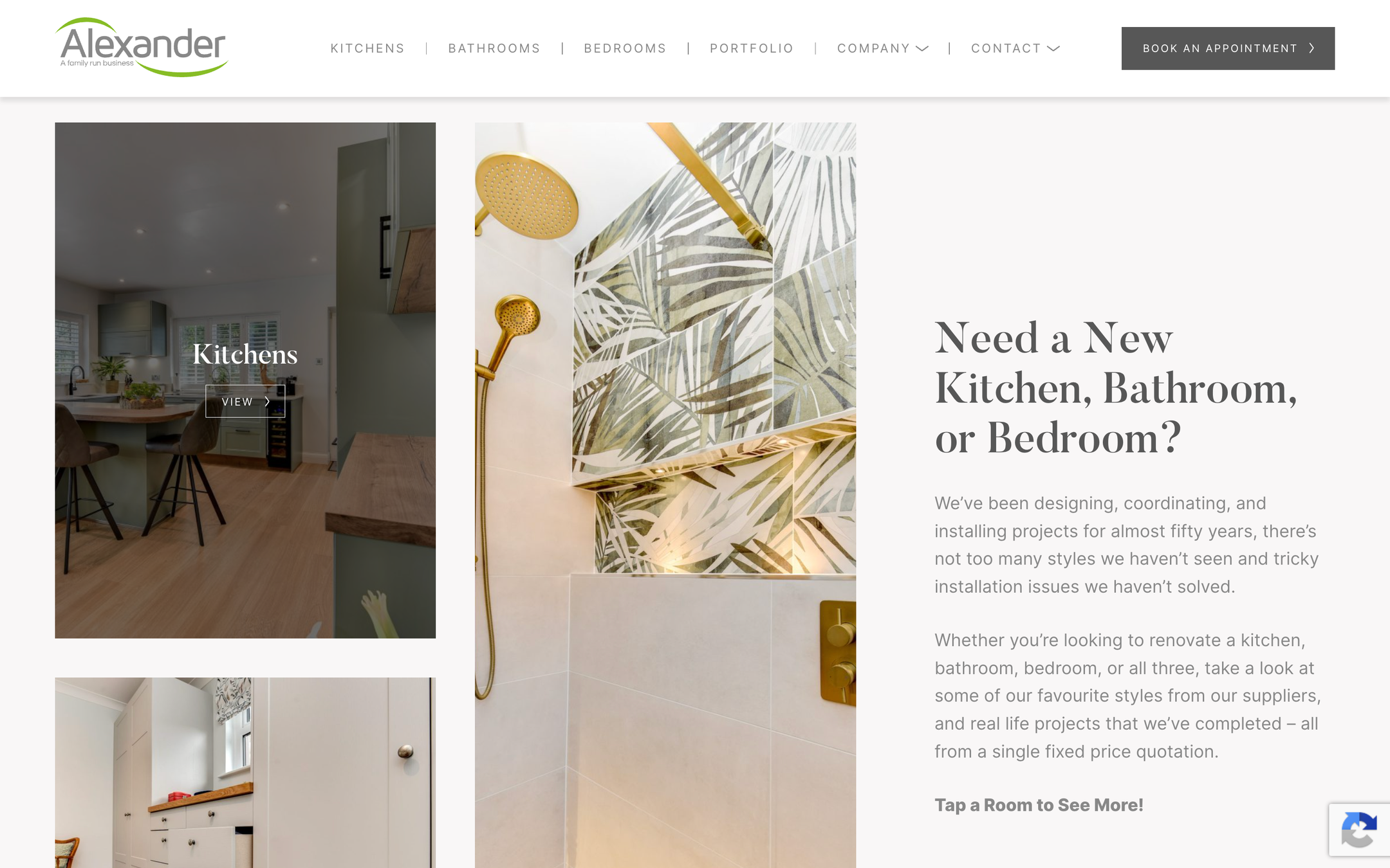 A kitchens page with botanical wallpaper and brass fittings
