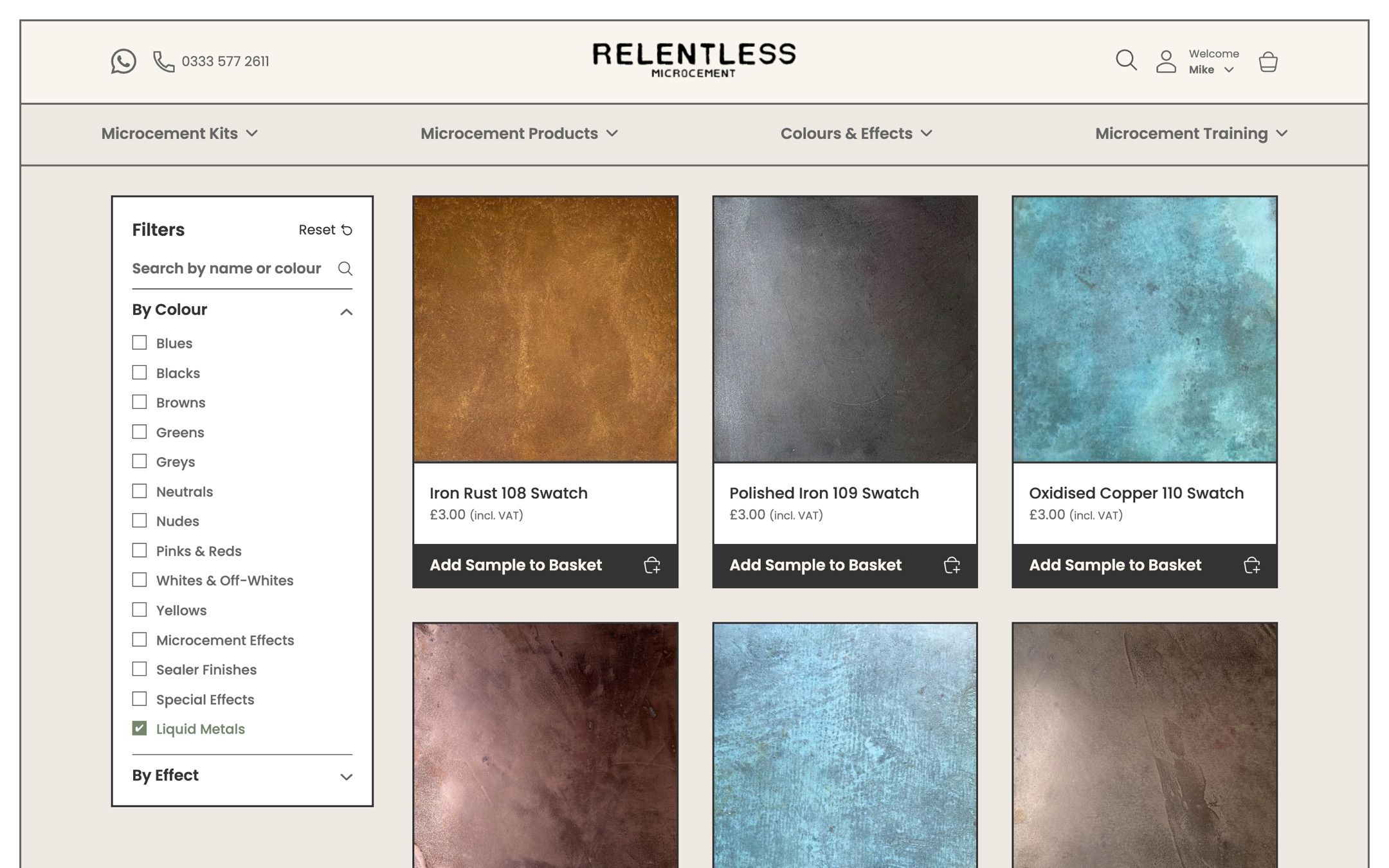 The Colours & Effects shop page with a grid of microcement swatches