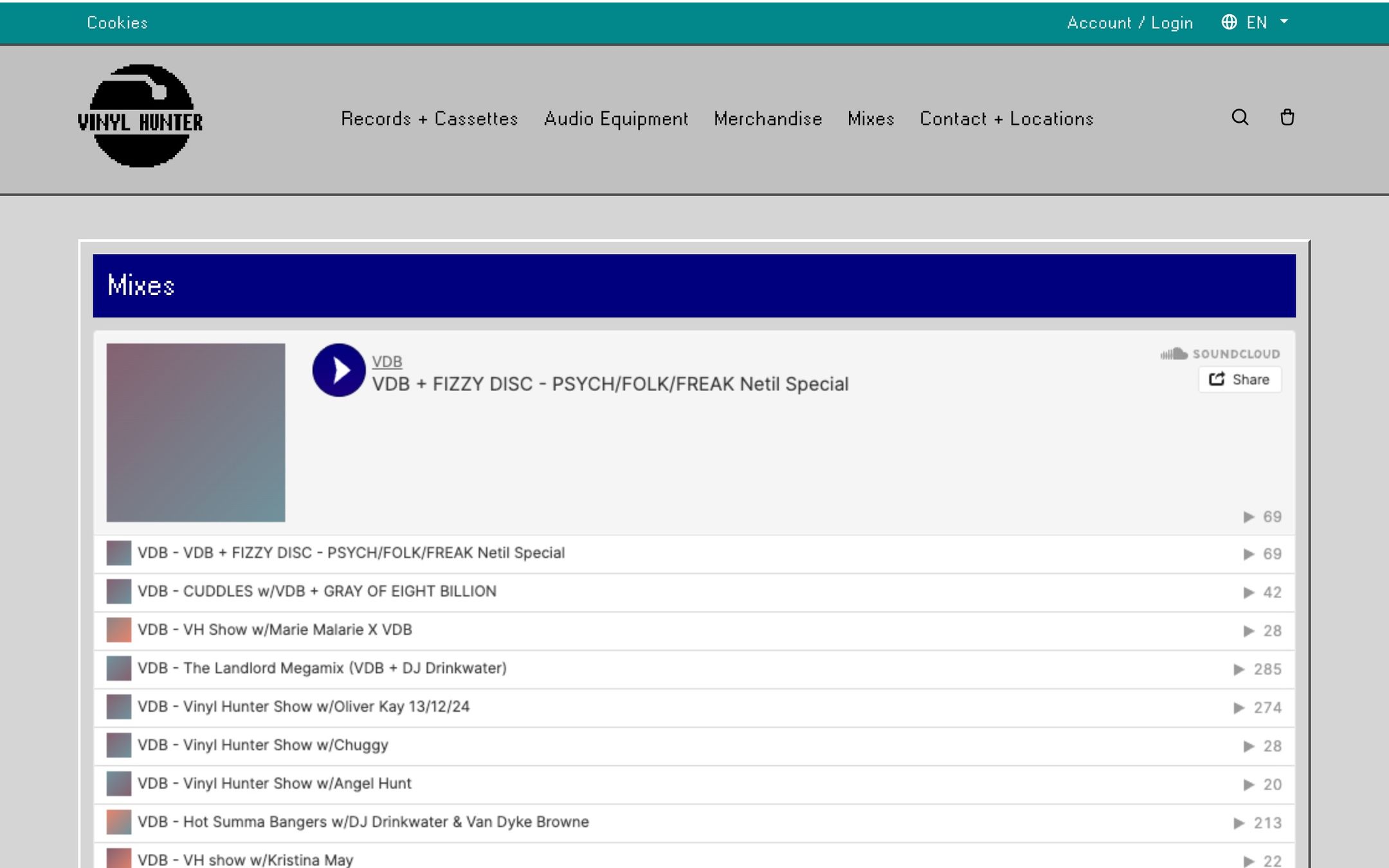 The Mixes page of in-store DJ mixes in the pixel-styled interface