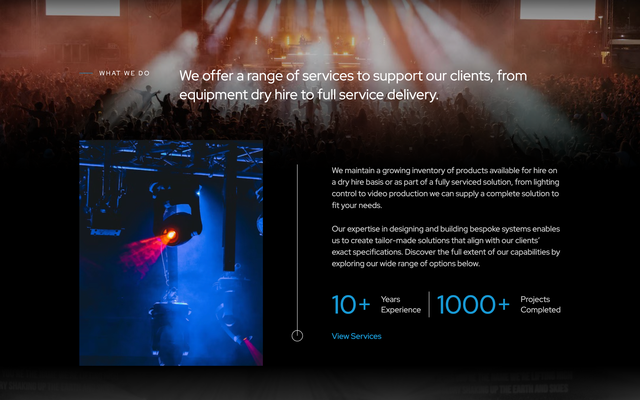 Illuminate's services section — equipment hire to full production — with stage photography and experience stats