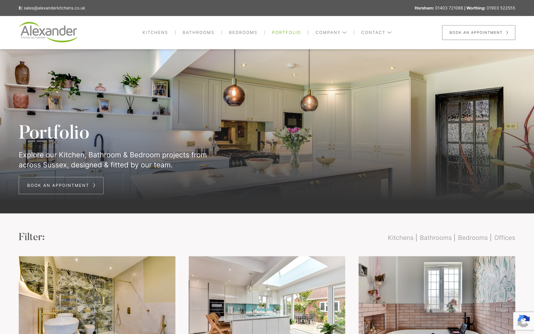 The portfolio page featuring a kitchen with copper pendant lights