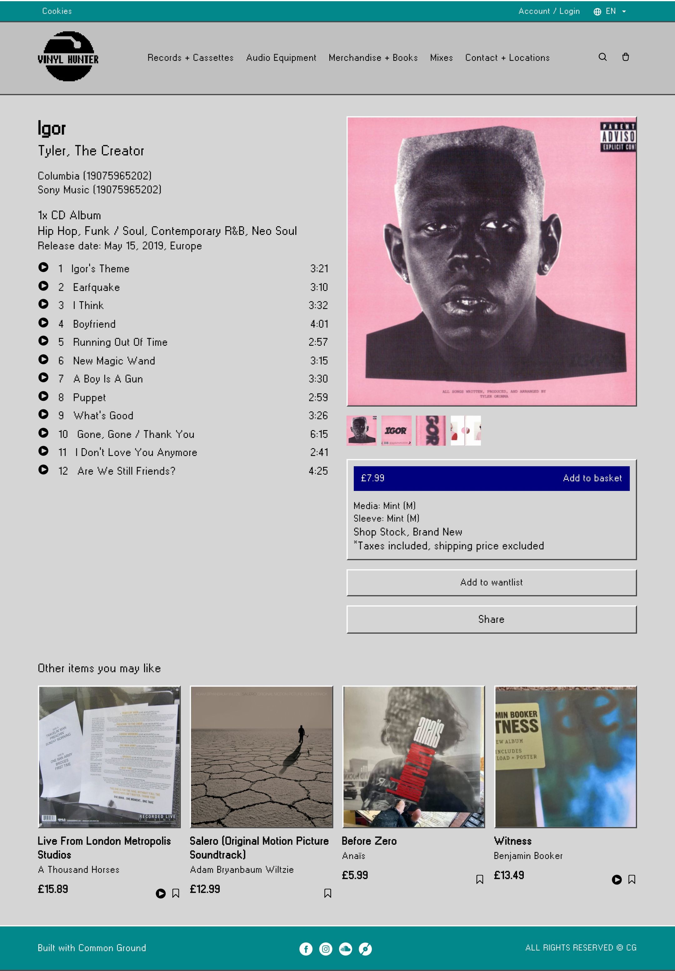 The full product page for Tyler, The Creator's IGOR with tracklist previews and add-to-basket panel