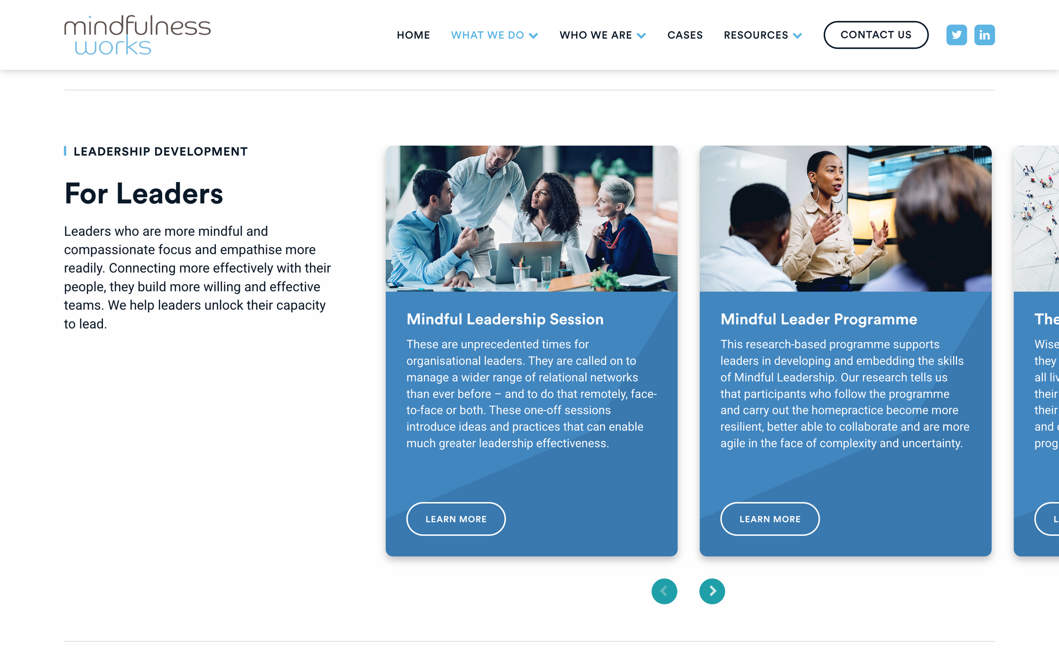 A 'Why choose Mindfulness Works' page with course and benefit cards