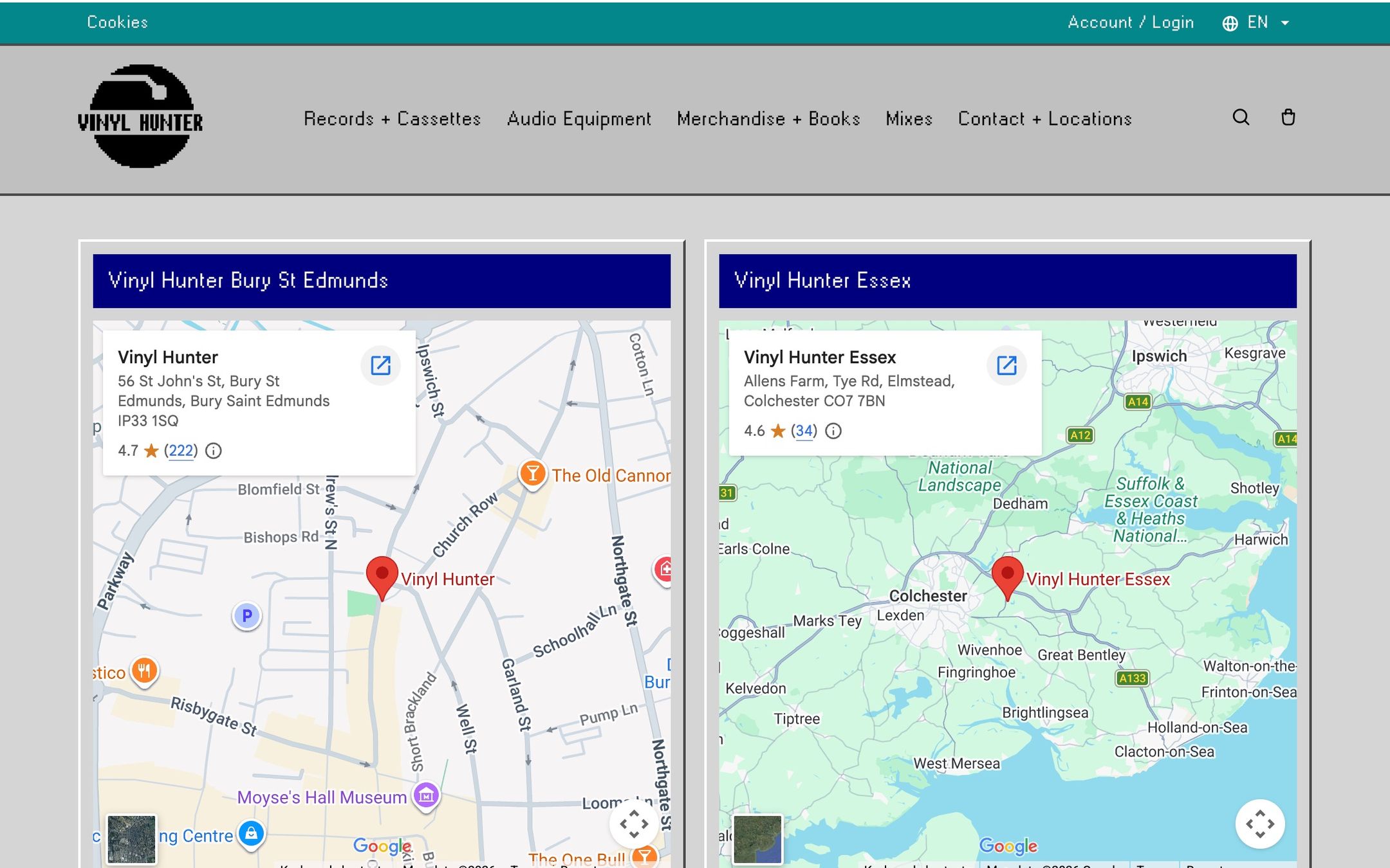 The Contact + Locations page with maps and opening hours for both shops in bevelled window panels