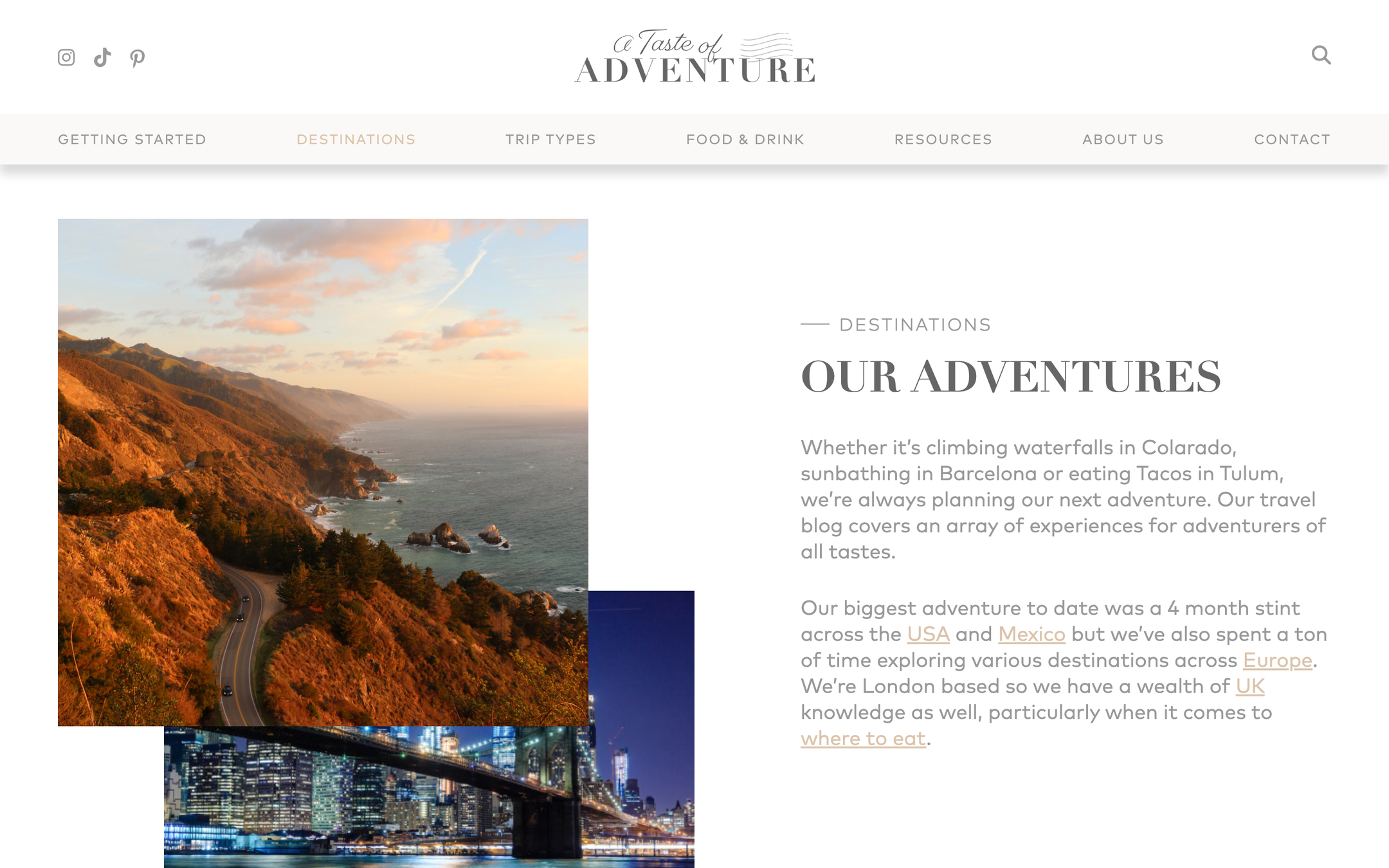 The destination guides page with city travel photography
