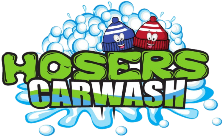 Logo for Hosers Car Wash featuring the company name with a splash of water and two winter toques