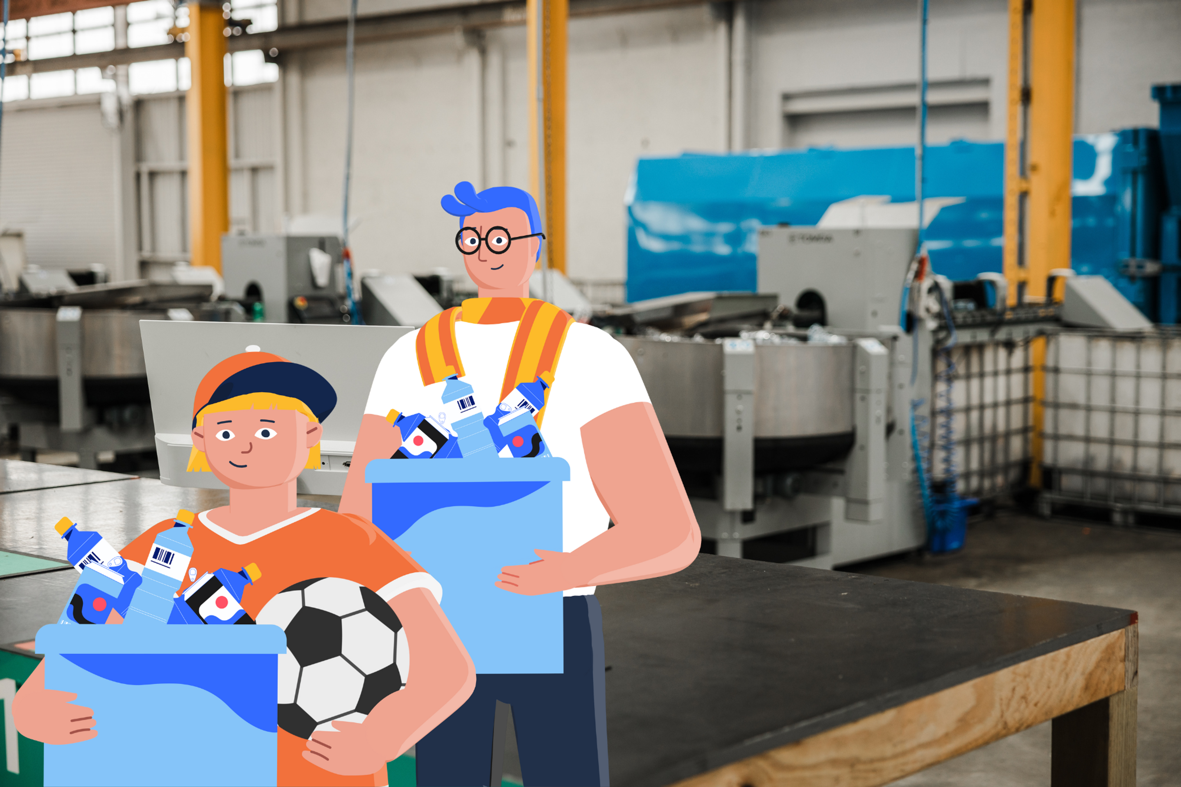 Father and son returning eligible drink containers at a depot after weekend sport
