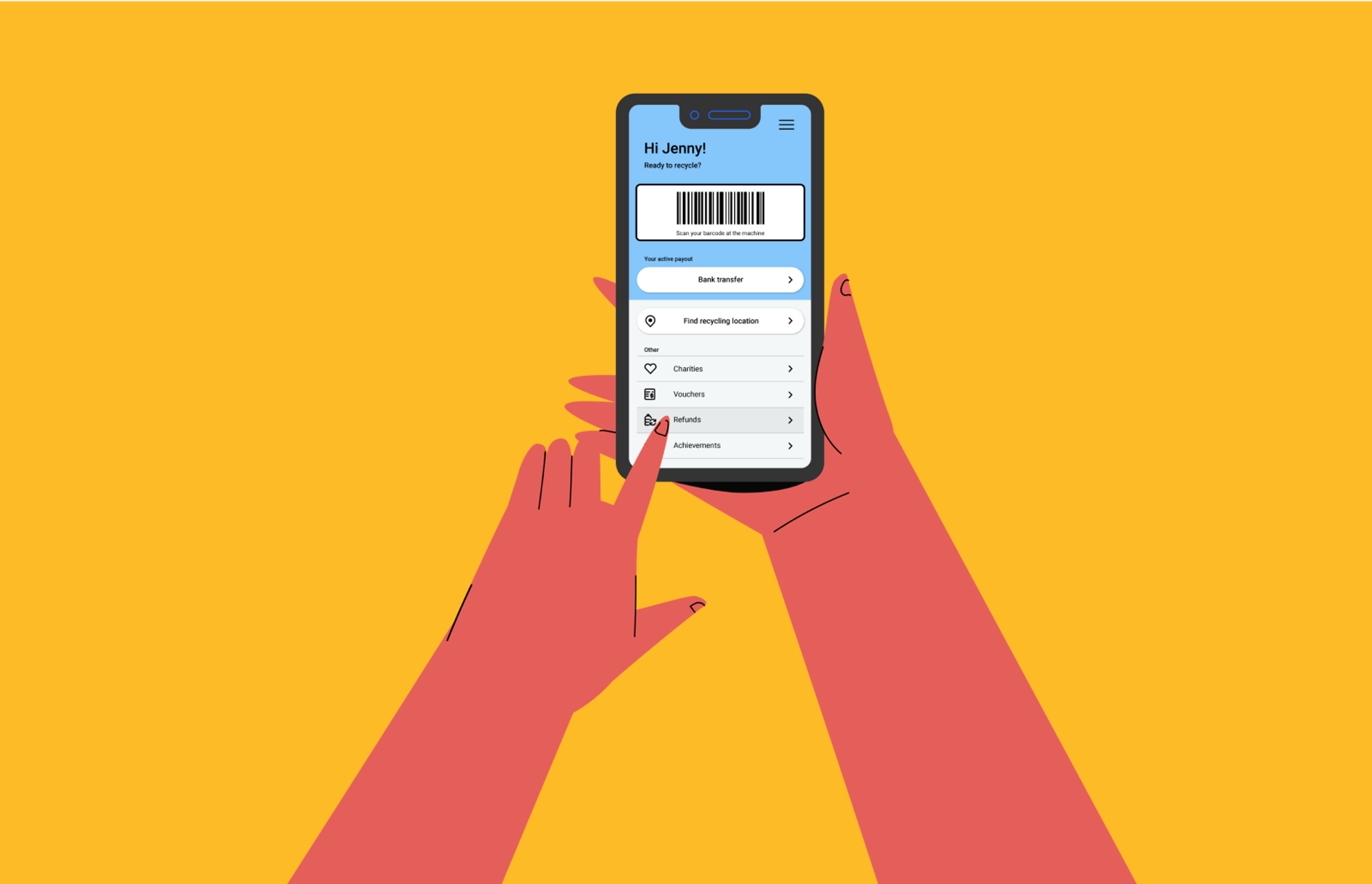 An illustration of a hand using a mobile with an app