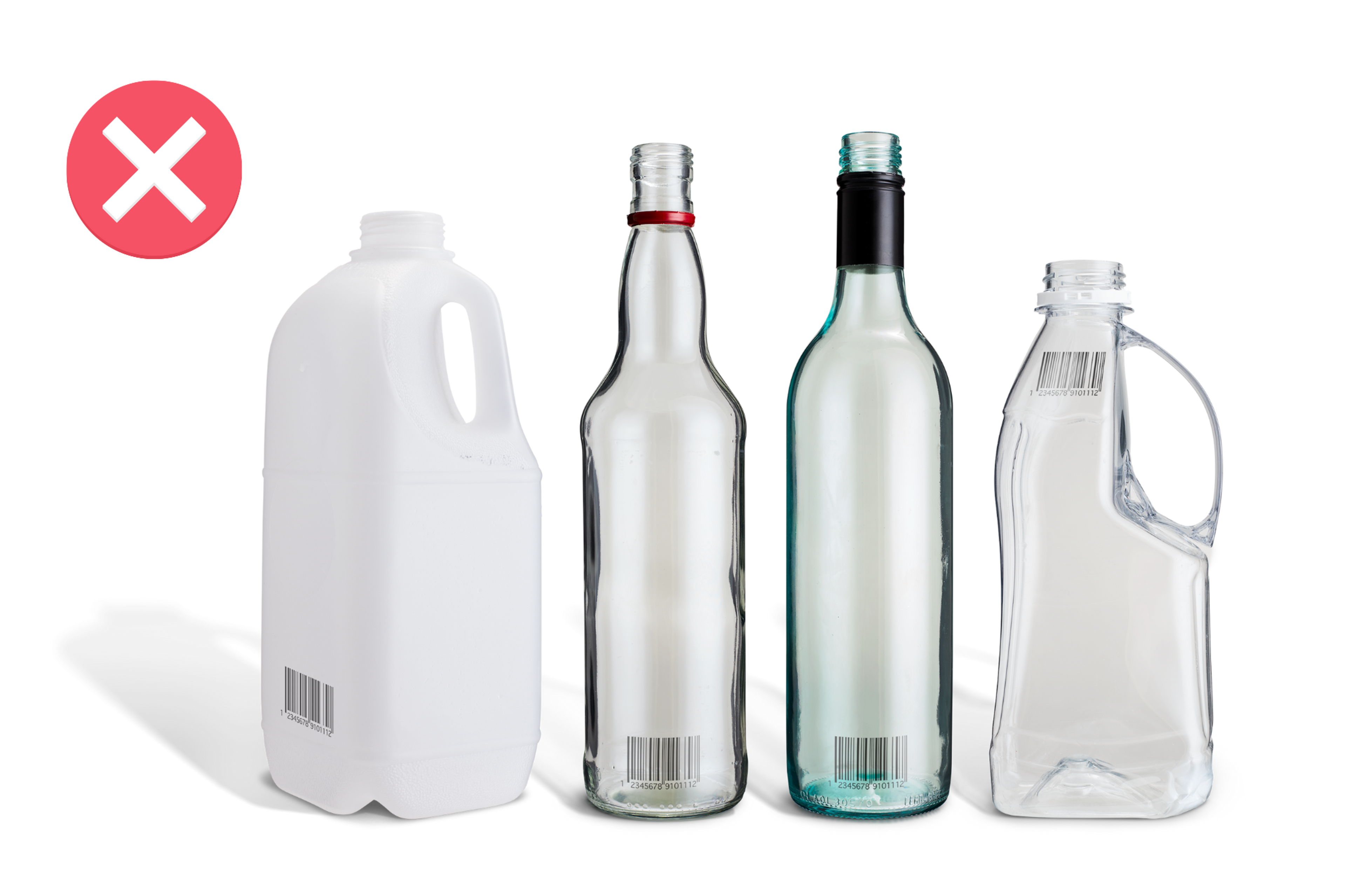 A diagram depicting unideal containers that cannot be returned, featuring a 2L milk bottle, a 1L bottle for spirits and wine, an oil and cordial container.