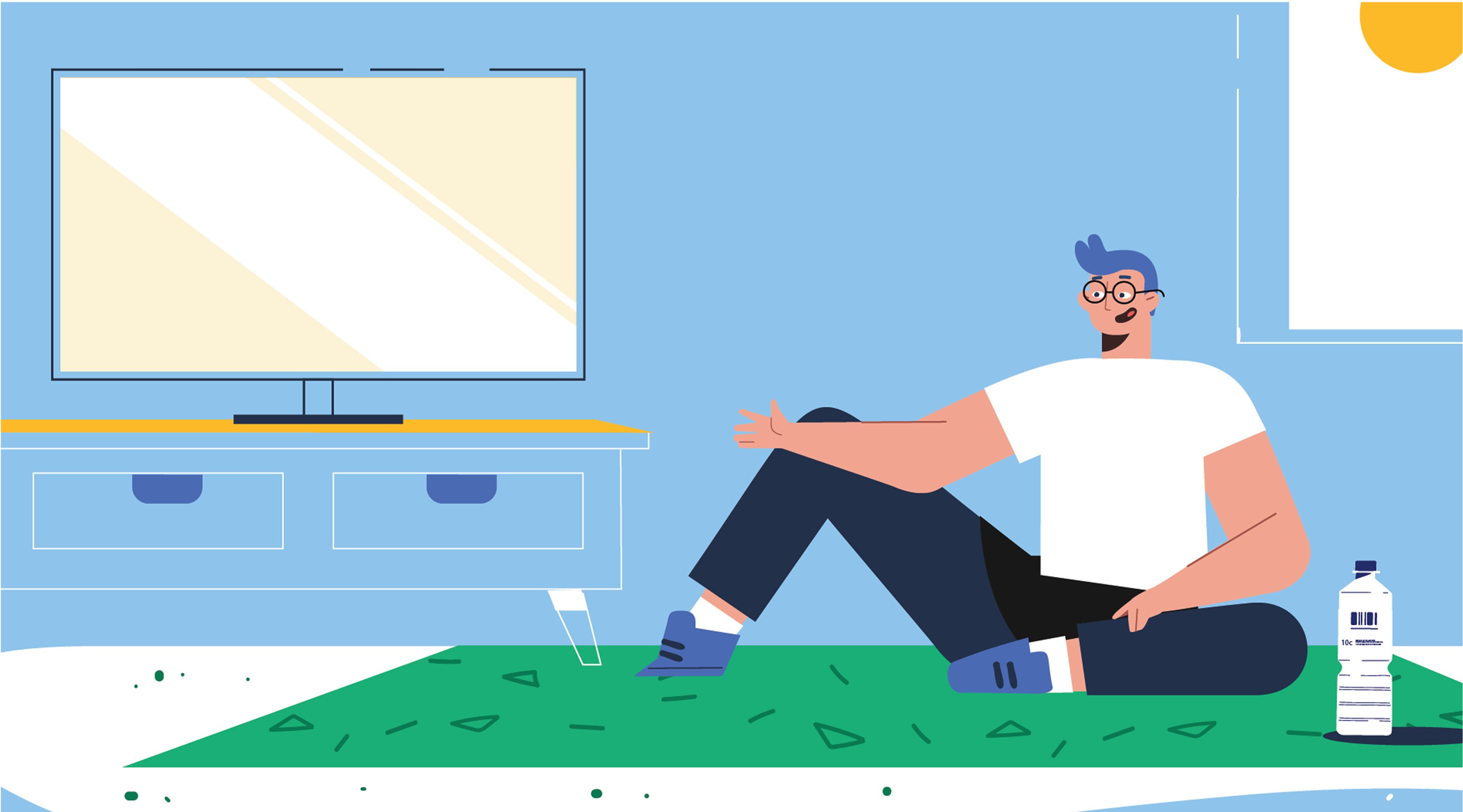 An illustration of a man in a home watching a tv