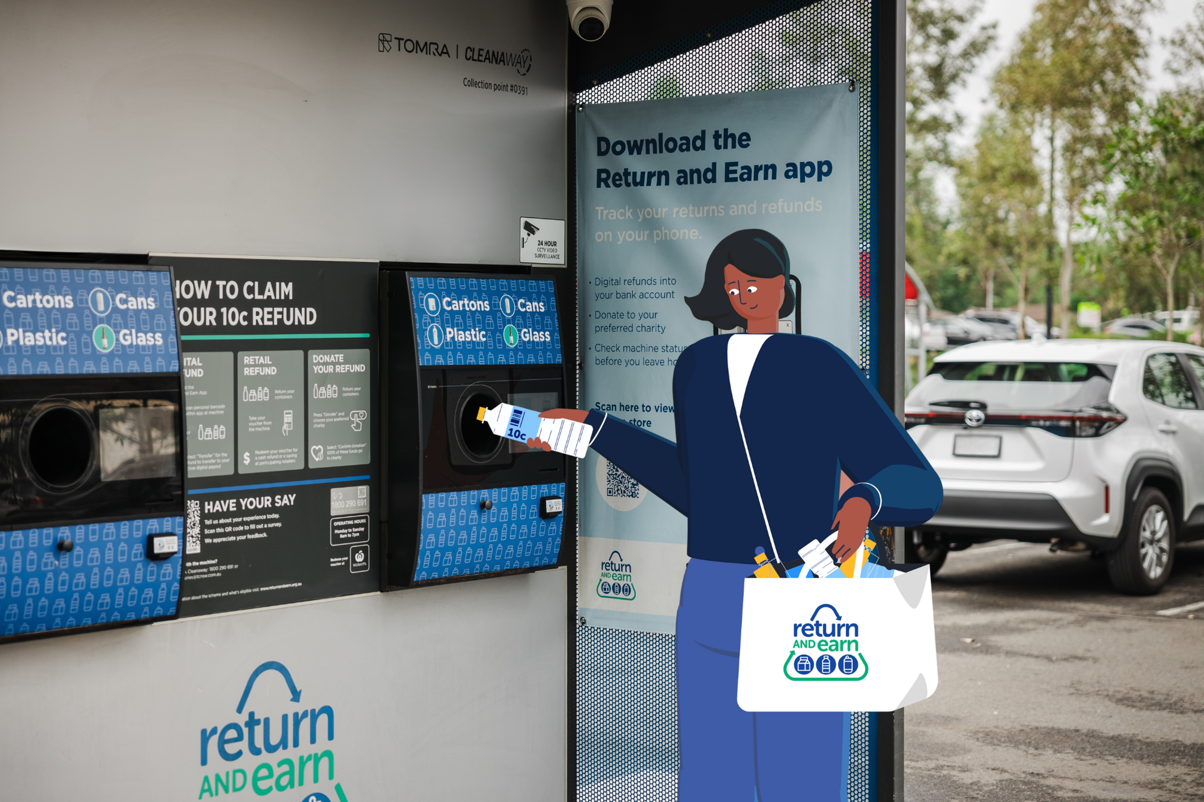 A illustation of a charcter returning a drink container at a machine