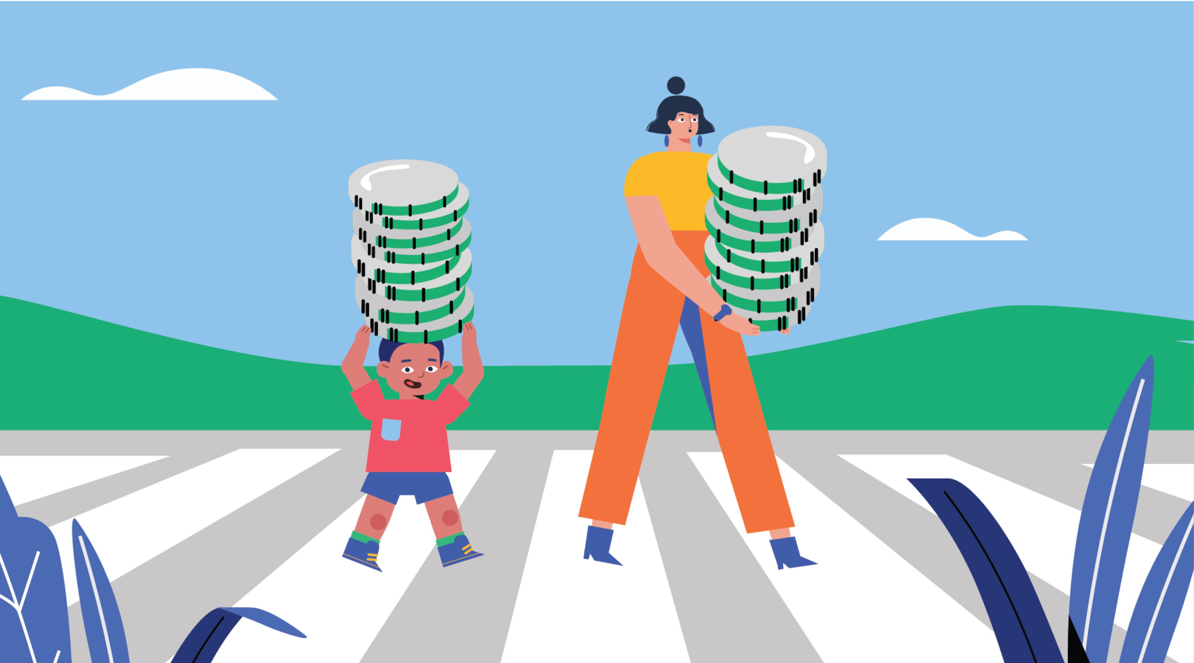 A boy and a woman holding large stacks of coins as they cross a road
