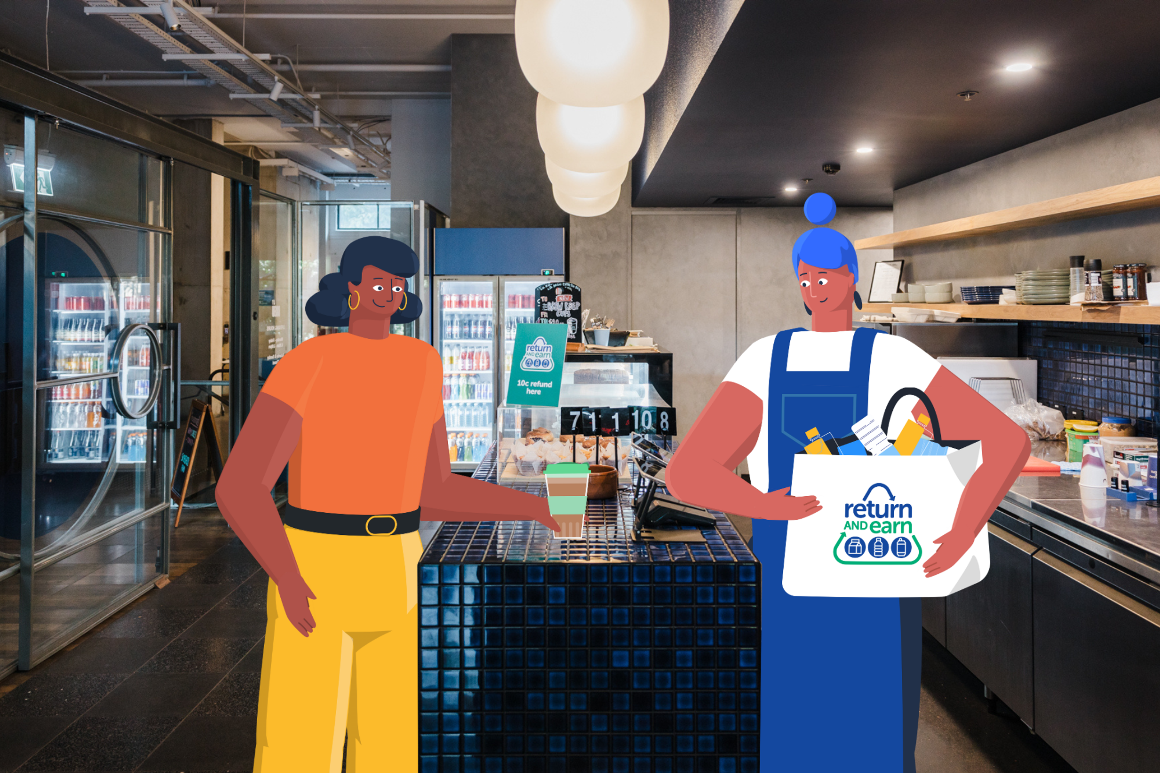 An illustration of an exchange between a customer and a cashier