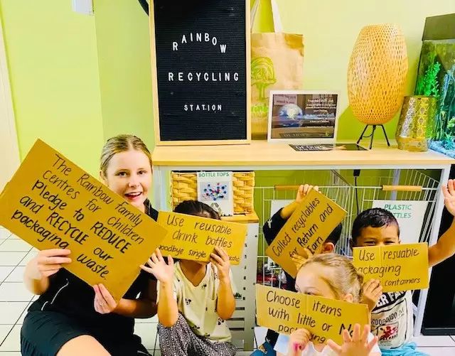 Group of kids holding up signs