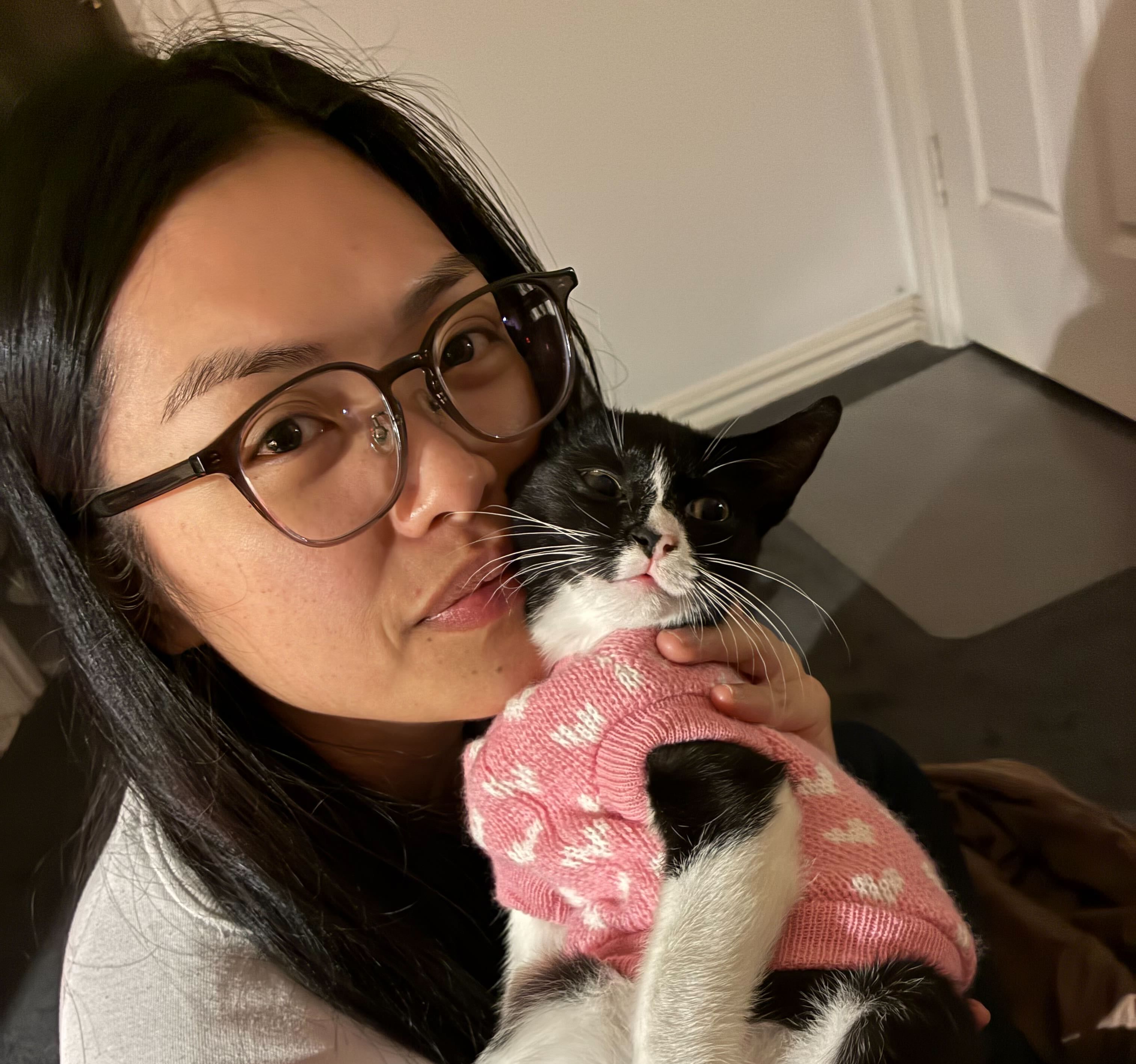 Women holding small cat with a knitted jumper on