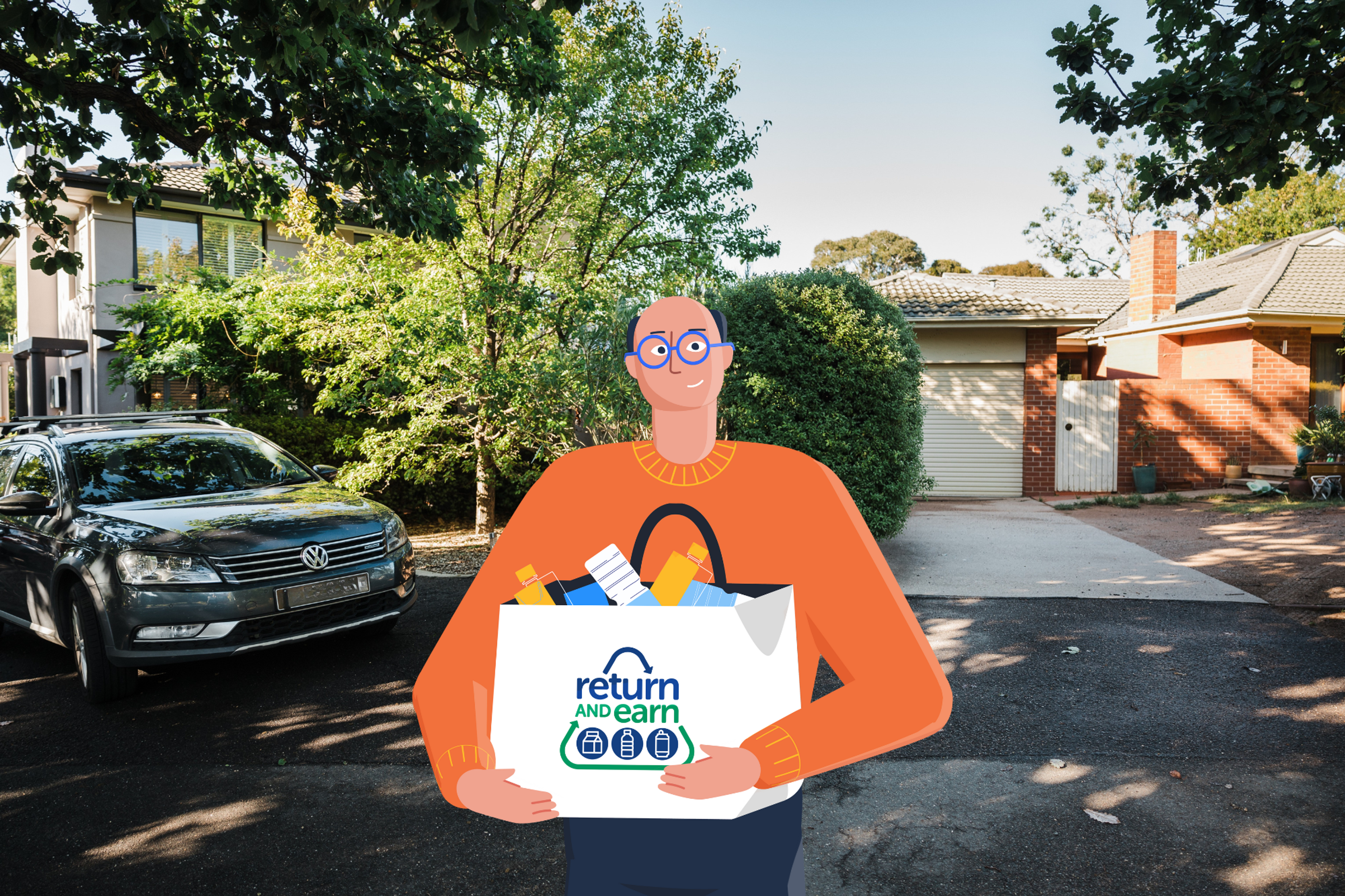 Person outside their home with a bag full of eligible containers ready to go to Return and Earn