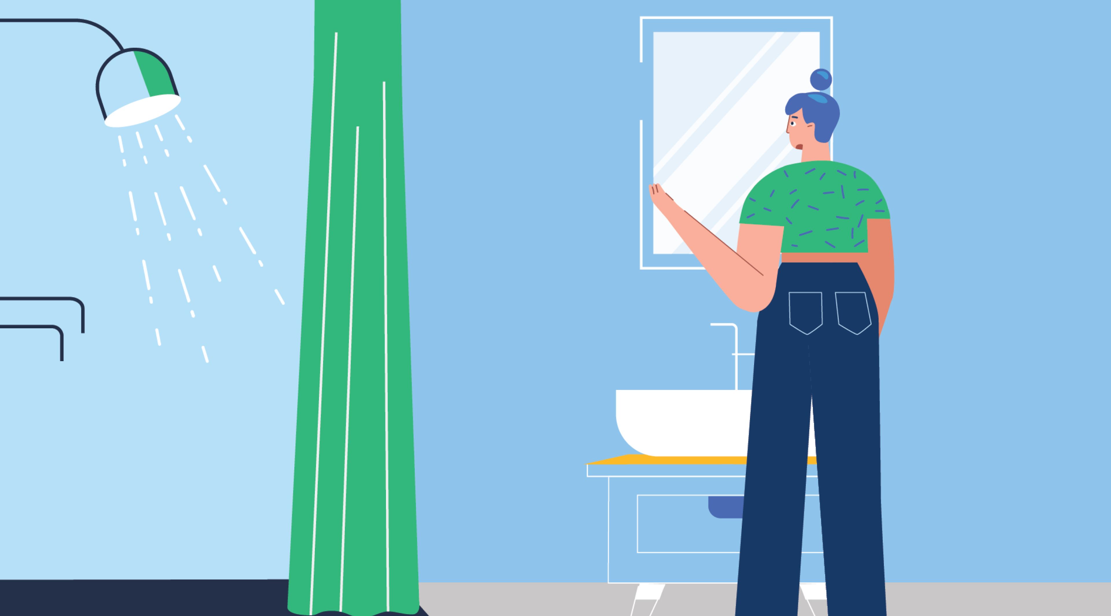 An illustration of a woman in a bathroom running a shower