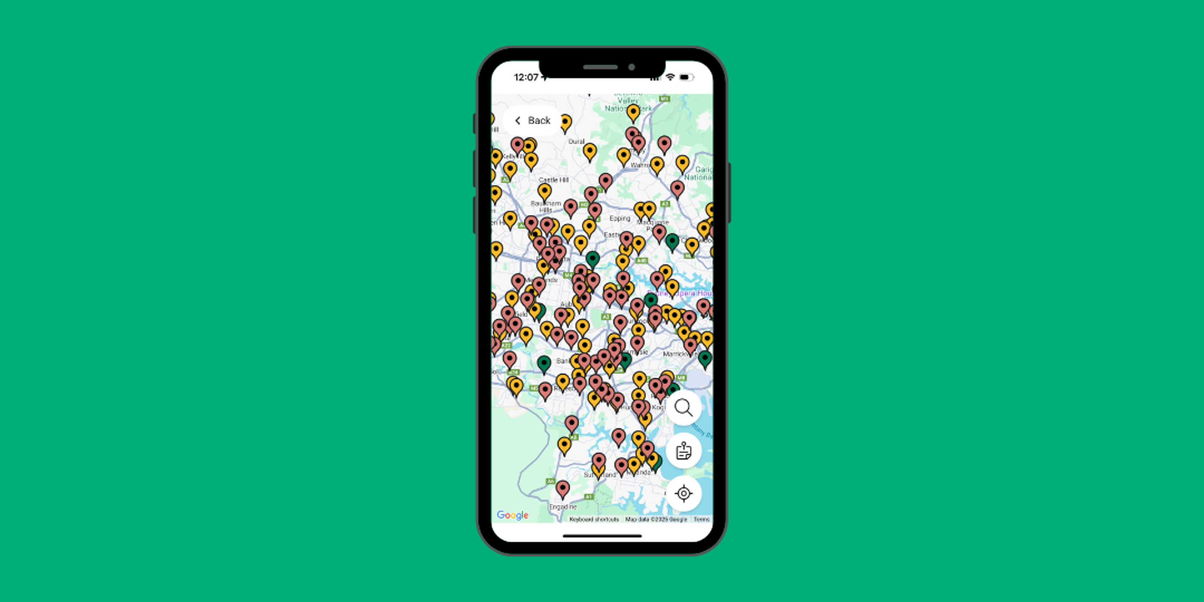 Photo of mobile phone showing the map page of the Return and Earn app