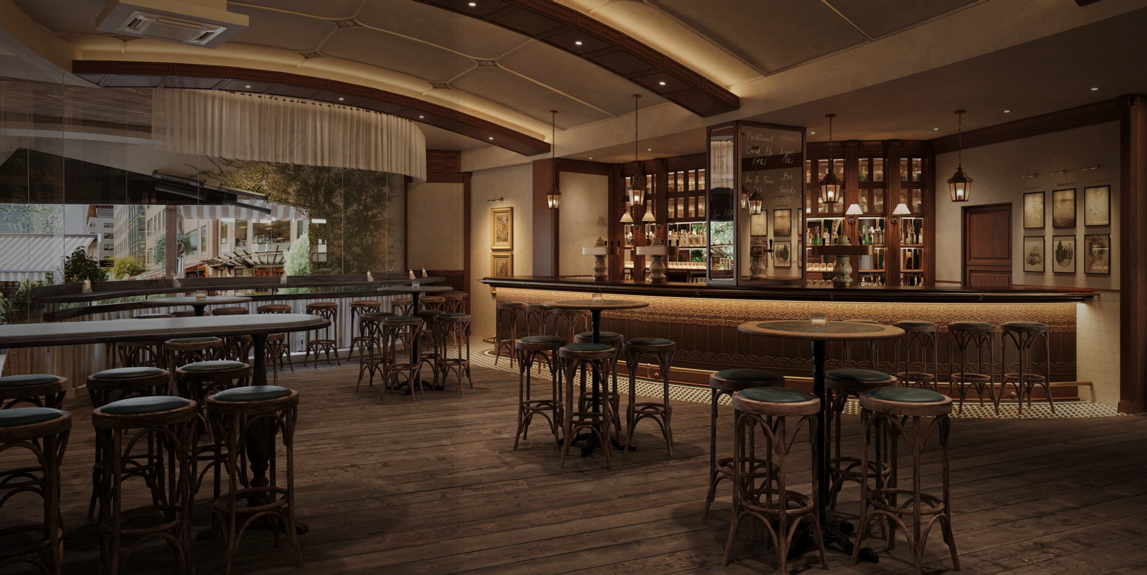 An image of the The Last Exchange pub bar area. Tables, chairs and large bar