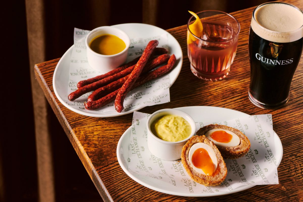 Scotch egg, beer sticks, an old fashioned and a perfectly poured Guinness