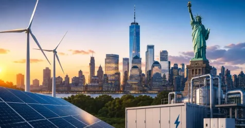 New York City skyline with a focus on energy infrastructure and renewable energy symbols.