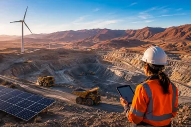 Open-pit mine with clean energy infrastructure like solar panels and wind turbines.