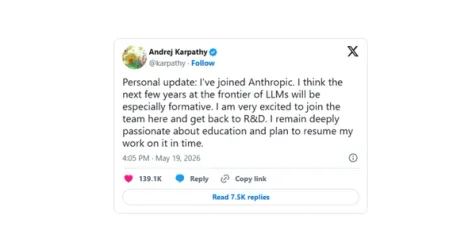 Prominent AI Researcher Andrej Karpathy Joins Rival Anthropic