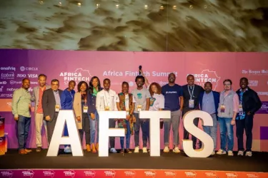 Founders pitching on stage at the Africa Fintech Summit Alpha Expo competition.