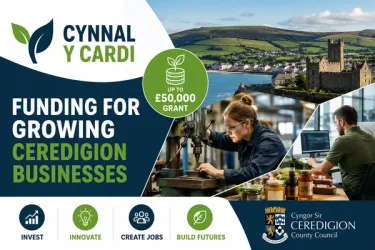 A collage representing business growth in Ceredigion, with images of manufacturing and local shops.