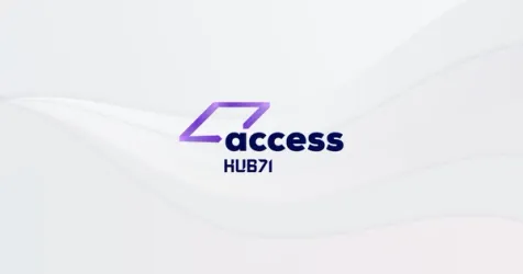 Hub71 logo against the Abu Dhabi skyline, representing startup growth.