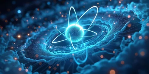 Abstract visualization of quantum technology with glowing particles and light trails.