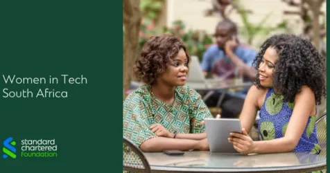 A group of diverse women entrepreneurs collaborating at the Standard Chartered Women in Tech Incubator.
