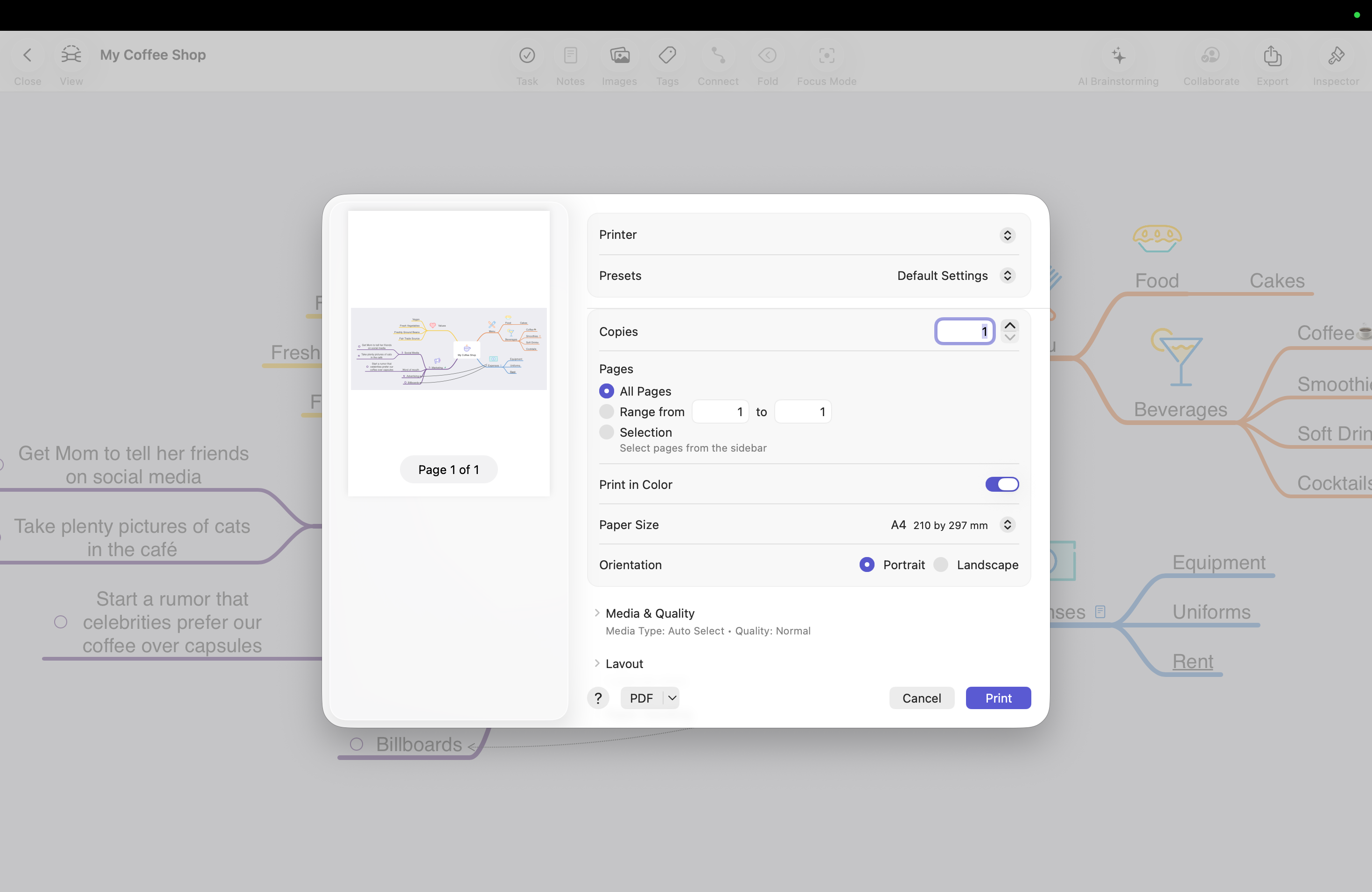Print a MindNode document on macOS