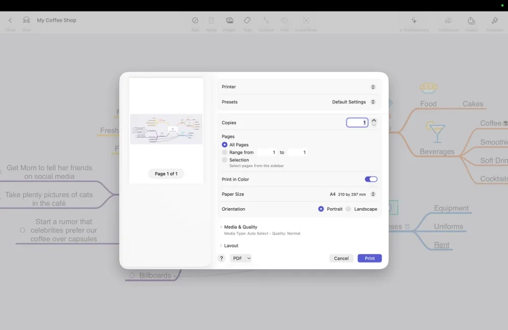 Print a MindNode document on macOS